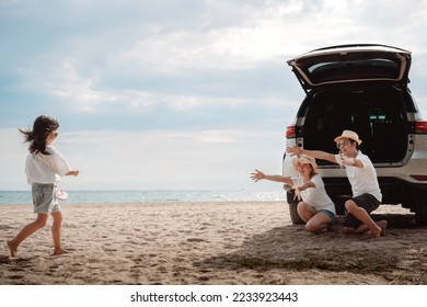Family travel car road trip concept. summer vacation in car in the sunset, Dad, mom and daughter happy traveling enjoy and relaxation together driving in holidays, people,lifestyle with transportation