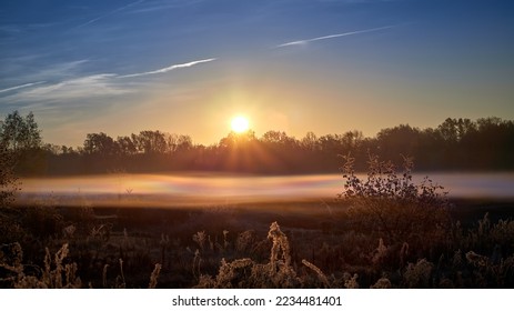 日の出の早朝の霧の朝のフィールド。日の出の早朝の霧の朝の素晴らしい自然。太陽の最初の光線を持つ早朝の風景。