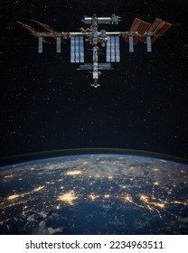 Международната космическа станция в орбита около планетата Земя и Луната. Научно изследване на космоса с помощта на космическа станция. Елементи от това изображение, предоставени от НАСА.