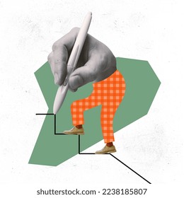 Collage d'art contemporain. Conception conceptuelle avec un homme dessinant des étapes avec un stylo symbolisant la croissance personnelle. Motivation personnelle, réussite et ambitions. Concept de surréalisme. motivation, carrière, entreprise