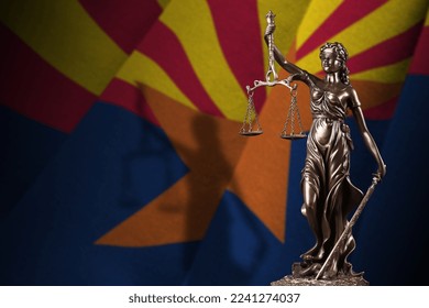 Arizaona US state flag with statue of lady justice and judicial scales in dark room. Concept of judgement and punishment, background for jury topics
