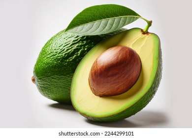 Fruta avokado me gjethe foto të izoluara. Avokado e plotë, gjysmë, fetë, gjethe në sfond të bardhë. Feta avokado me gjethe dhe lëkurë të izoluar. Me shteg të prerjes. Thellësia e plotë e fushës.