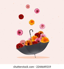 Collage zeitgenössischer Kunst aus einem Regenschirm und Regen aus Blumen. Modernes Design. Feiertage und Liebeskonzepte. Frauentag, Valentinstag. Grußkarte. Platz kopieren.
