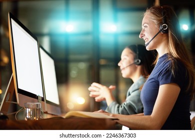 Computer, night call center and women with telemarketing success, IT solution and problem solving in virtual customer support. Happy financial advisor, consultant team and working on a monitor screen