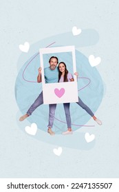 Vertical collage image of two positive excited partners hold paper album card hearts valentine day photo zone