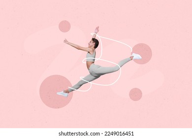 Affiche de collage photo 3D créative d'une femme sportive amusante s'entraînant dans une salle de sport profitant de son temps libre isolé sur fond de peinture