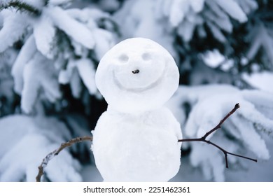 Lachende sneeuwpop. Sneeuwpop maken in het bos vanaf de eerste sneeuw. Besneeuwde winter, naaldbomen bedekt met sneeuw. Portret van sneeuwpop.
