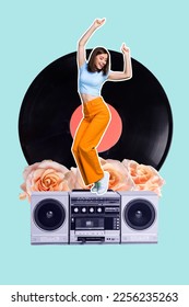 Collage photo artwork of young funny relax lady wear summer outfit chill have fun cassette recorder retro vinyl disc vibe isolated on blue background