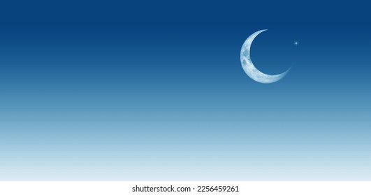 Crescent moon  and star in daytime sky.