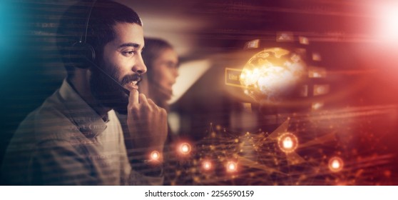 Call center, customer service and hologram overlay with a man consultant working on global ai for support. Contact, 3d and futuristic world with a male consulting in his international support office