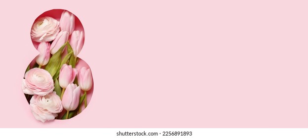Frühlingsblumen sichtbar durch geschnittenes rosa Papier in Form von Figur 8. Banner für den Frauentag