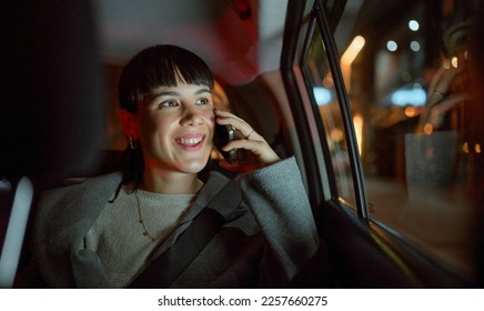 Travel, phone call and business woman in car chatting, talking or speaking to contact. Transport, night and happy female professional with mobile smartphone for networking, discussion or conversation