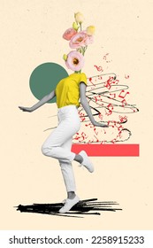 Vertical collage picture of black white gamma girl rose flowers instead head dancing drawing melody symbol isolated on painted background