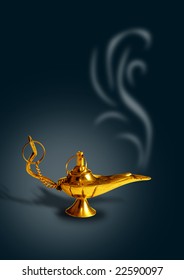 aladdin's magic lamp in black background with smoke