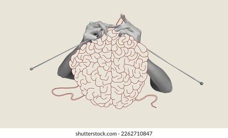 Colagem de arte contemporânea. Mãos humanas tricotando cérebro. Estabilidade psicológica e emocional crescente. Design abstrato. Conceito de psicologia, mundo interior, saúde mental, sentimentos. Arte conceitual