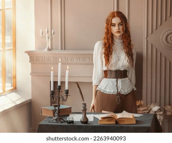 Fantasy portrait Red-haired woman in vintage dress stands in classic room. Clothing old style white blouse. Curly red hair. Redhead girl princess looks at camera beauty face lady writer fashion model