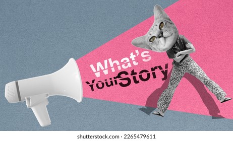 apakah cerita anda, tajuk teks dan wanita kucing. konsep penceritaan dalam industri filem atau pemasaran media digital. Kolaj seni abstrak.