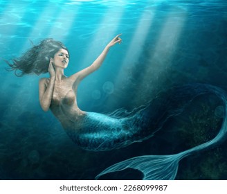 Sirena morja. Posnetek morske deklice, ki samotno plava v globokem modrem morju - VES dizajn na tej sliki je iz nič ustvarila ekipa strokovnjakov Yurija Arcursa za to posebno fotografiranje.