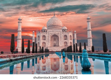 Taj Mahal famous marble mausoleum at sunset, Agra, India