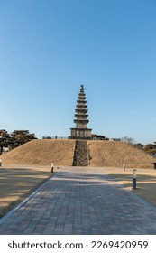 Under the blue sky, the magnificent Jungwon Tappyeong-ri 7-story Stone Pagoda (Central Tower) was captured