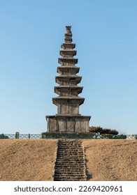 Under the blue sky, the magnificent Jungwon Tappyeong-ri 7-story Stone Pagoda (Central Tower) was captured