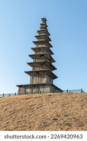 Under the blue sky, the magnificent Jungwon Tappyeong-ri 7-story Stone Pagoda (Central Tower) was captured