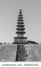 Under the blue sky, the magnificent Jungwon Tappyeong-ri 7-story Stone Pagoda (Central Tower) was captured.

Black and White.