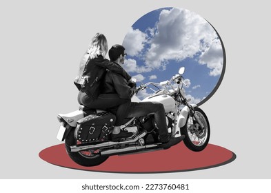 Digitale Collage mit einem Biker-Mann und einem Biker-Mädchen, die auf dem Motorrad sitzen