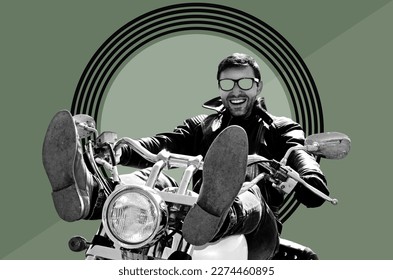 Digitale Collage mit einem Biker in schwarzer Lederjacke, der auf einem Motorrad sitzt