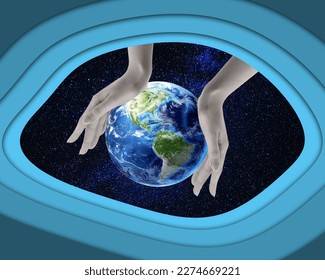 地球を握る手の現代アートコラージュ。宇宙のコンセプト。地球保護。モダンなデザイン。コピースペース。