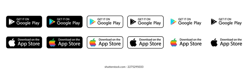 Vetor de Badges Google Play store, Apple App store, different languages.  Download app buttons in English, German, French, Portuguese, Spanish,  Russian version. Isolated vector illustration. do Stock