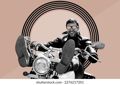 Digitale Collage mit einem Biker in schwarzer Lederjacke, der auf einem Motorrad sitzt