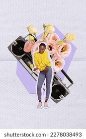 Vertical collage image of cheerful mini girl enjoy dancing chilling big boombox rose flowers isolated on drawing background