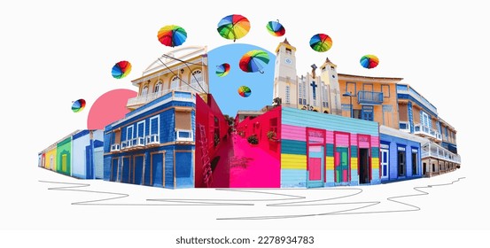 Colorful buildings in center of Puerto Plata, Dominican Republic. Collage. Pink street with green plants, windows, street lams, decorative caribbean entourage in old city victorian style. Art design