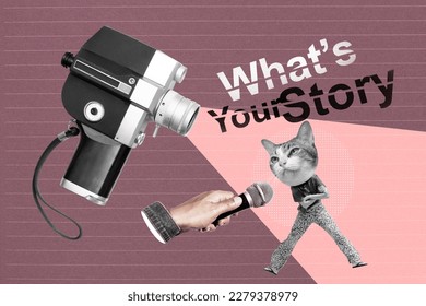 apakah tajuk teks cerita anda.Temu bual wanita kucing menggunakan mikrofon dan filem kamera vintaj. konsep penceritaan dalam industri filem atau pemasaran media digital. Kolaj seni abstrak.