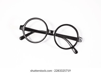 Round black eyeglasses isolated on white background. Harry Potter style circle glasses.