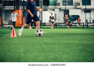 芝生のフィールドでサッカーボールの戦術コーンをコントロールして遊ぶ子供たち サッカーで子供たちをトレーニングする