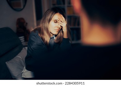 Sad Unhappy Woman Breaking up with Her Partner After Discussing. Depressed girlfriend fighting with her boyfriend at home deciding to split up