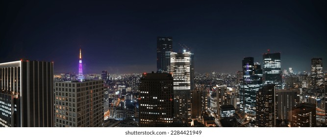 Panorama Tokio nocą. Zdjęcie z góry z nocnym krajobrazem Tokyo Tower i miasta, z wieżowcami biurowymi. Podróż do Japonii.