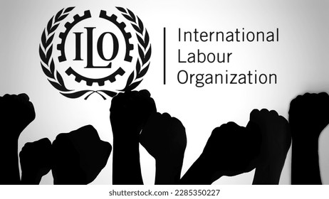 Flag of International Labour Organization ILO with seat in Geneve -  Caution: For the editorial use only. Not for advertising or other  commercial use!. - SuperStock