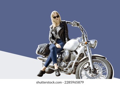 Digitale Collage Biker blonde Mädchen in schwarzer Lederjacke sitzt auf dem Motorrad