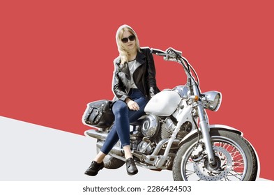 Digitale Collage Biker blonde Mädchen in schwarzer Lederjacke sitzt auf dem Motorrad