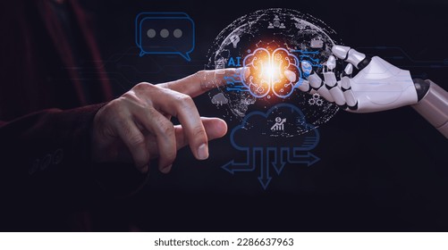 O conceito de tecnologia e pessoas usando IA para ajudar no trabalho Aprendizado de IA e negócios de inteligência artificial, tecnologia moderna, internet e rede. Fortaleça seu negócio