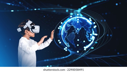 Jongen in vr bril headset handen raken digitale aardbol, wereldwijde verbinding en virtuele realiteit. Concept van cyberspace, entertainment en onderdompeling