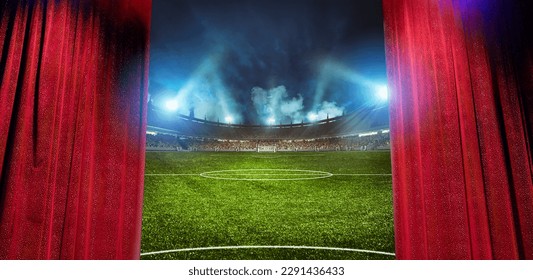Elegantní divadelní závěsy ukazují fotbalový stadion připravený na fotbalový zápas