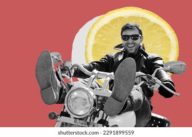 Digitale Collage mit einem Biker in schwarzer Lederjacke, der auf einem Motorrad sitzt