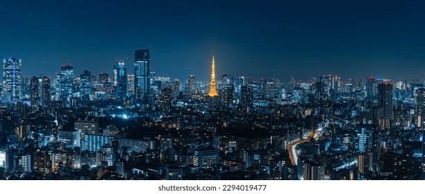 Nocny widok na Tokio i wieżę Tokyo Tower z salonu Ebisu Garden Place Tower w Shibuya-ku w Tokio w Japonii