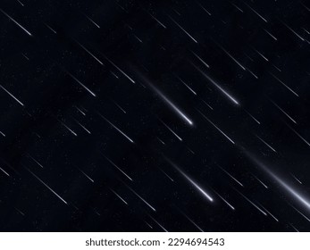 Star rain on a black background. Meteor shower in the night sky. Lots of falling stars. A stream of meteorites.