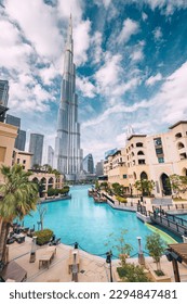 Scenic View of Dubai skyline, with the Burj Khalifa towering over all other buildings. Travel landmarks of United Arab Emirates