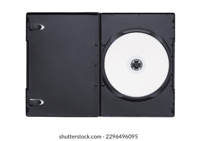 DVD bianco. Disco in scatola DVD isolato su sfondo bianco. CD in scatola nera